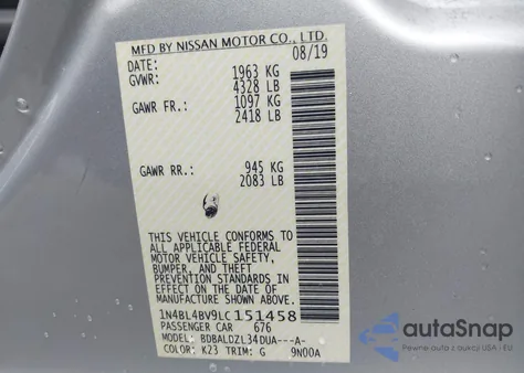 2020 Nissan Altima S Fwd из США, поврежденный, VIN 1N4BL4BV9LC151458